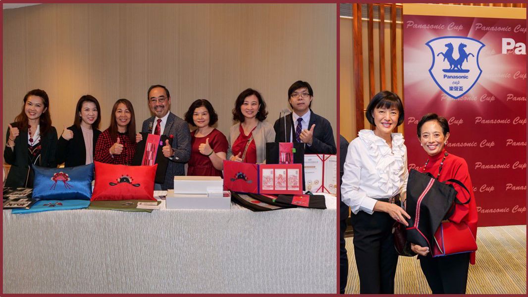 蒙德揚先生(左圖右四)為社會企業「愛連心」送上支持；蒙倩兒小姐(右圖右一)將「愛連心」婦女縫紉的精美側揹袋送贈予來賓。